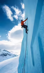 a person climbing up a snowy mountain holding on to a pair of skis