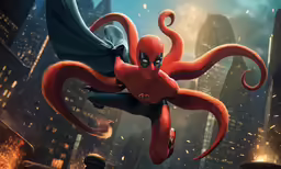 an animated octopus with red hair and eyes flying through the air