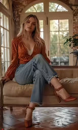 a woman wearing high heeled sandals is sitting on a couch