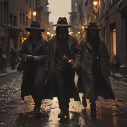 the three men are walking down the street