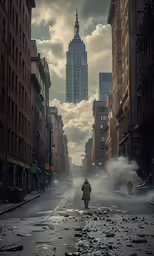 a man riding down a street surrounded by buildings