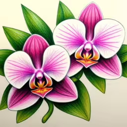 an artistic drawing of two orchids with leaves,a drawing of two pink and green flowers