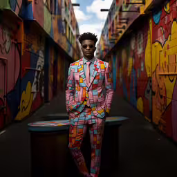 there is a man dressed in a multicolored suit and standing on a bench,a man dressed in colorful clothing stands by a graffiti covered wall
