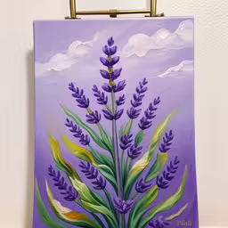 a painting of lavender flowers and clouds in the distance