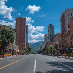 a city street lined with tall brick buildings