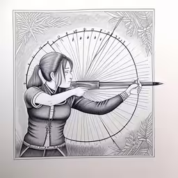 a drawing of a girl with a baseball bat,a girl is aiming with a bow at an arrow,a drawing of a girl aiming a bow with a shotgun,a woman with a gun holding an ornate umbrella over her shoulder,an ink painting depicting a woman aiming with her rifle