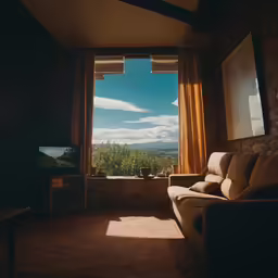 a picture of a living room with mountains out the window
