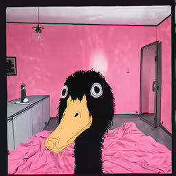 there is a black and yellow duck with big eyes on it