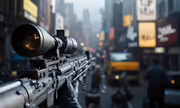 rifle scope at sight during a big city street scene