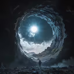 an underground tunnel in the dark with a man standing inside