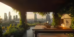 a table sits on the top of a building