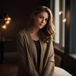 a woman leaning on a couch looking to the side