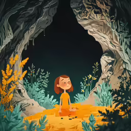 a girl stands in front of a cave entrance