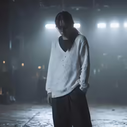 the male model is standing in an empty room with spotlights