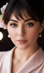 the girl with large earrings is wearing a pink dress