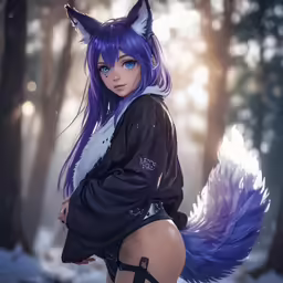 an anime style blue haired girl with long hair and purple ears