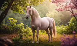 the white horse is standing in the grass