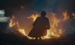 a man in a coat looking down at a fire