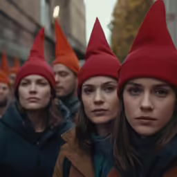 several people are wearing little red hats and standing together