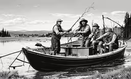a group of men on the water in a boat with poles,a group of people in a boat sitting on a lake