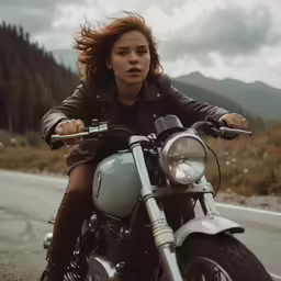 a woman is riding her motorcycle on the road