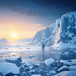 the person stands on an icy frozen lake