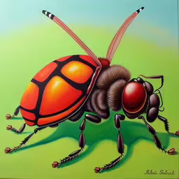 this is an image of a large beetle,the painting is a red and black bug