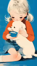 a young girl is sitting and playing with her dog,the little girl is holding a bowl and her dog
