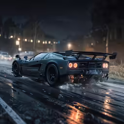 a very large sports car driving on a wet street