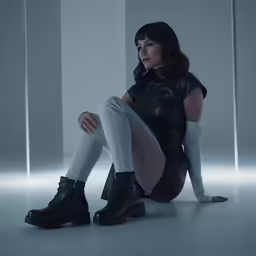 a woman sitting on the ground wearing boots