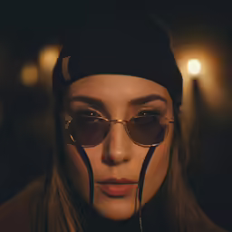 a woman wearing a hat and sunglasses in a darkened room