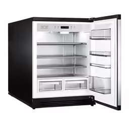 a black and white fridge that has doors open