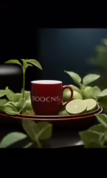 a cup on a brown plate near green leaves