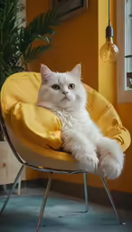 white cat with blue eyes lies on a yellow chair