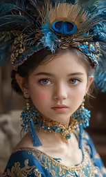a little girl dressed in an ornate blue outfit