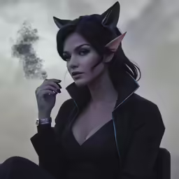 a woman sitting on a stool wearing black clothes