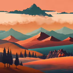 mountain landscape with pine trees in foreground and an orange sky in the background,there are two mountains with trees in the foreground