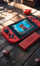 an orange nintendo handheld sitting on top of a wooden table