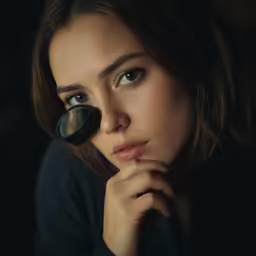 woman with magnifying glass staring away in darkness