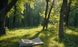 a blanket and pillow placed in the grass near trees