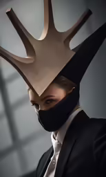 a person in a suit and a crown with a mask over their head