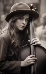 a lady wearing a hat is holding a musical instrument