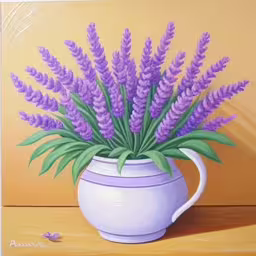 this is a oil painting of a lavender flower in a tea pot