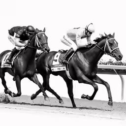 two men are racing horses while being ridden