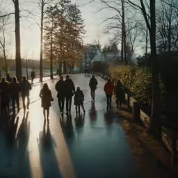 several people walk down a city street at sunset