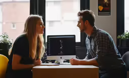 a woman sitting next to a man at a desk