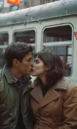 a young man kissing a woman next to a train