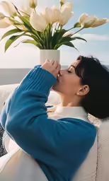 a woman that is laying down with a vase