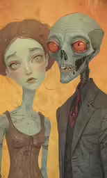 an alien man and woman stand in front of each other