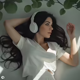 a woman wearing headphones laying on a tree branch
